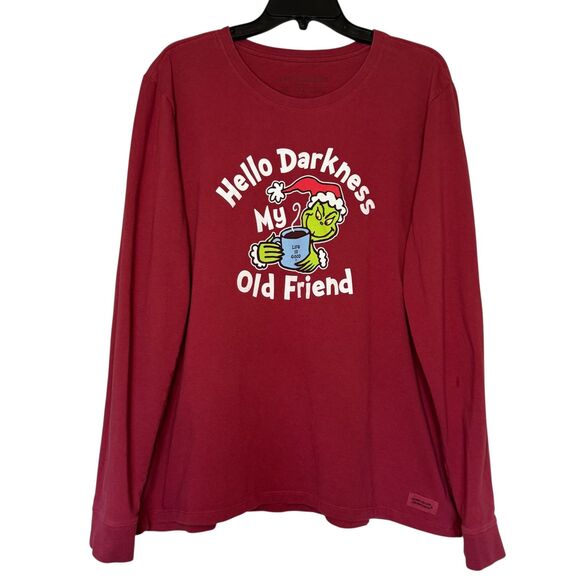 LIFE IS GOOD women's size XL "Hello Darkness my old Friend" grinch Christmas top - Picture 1 of 11